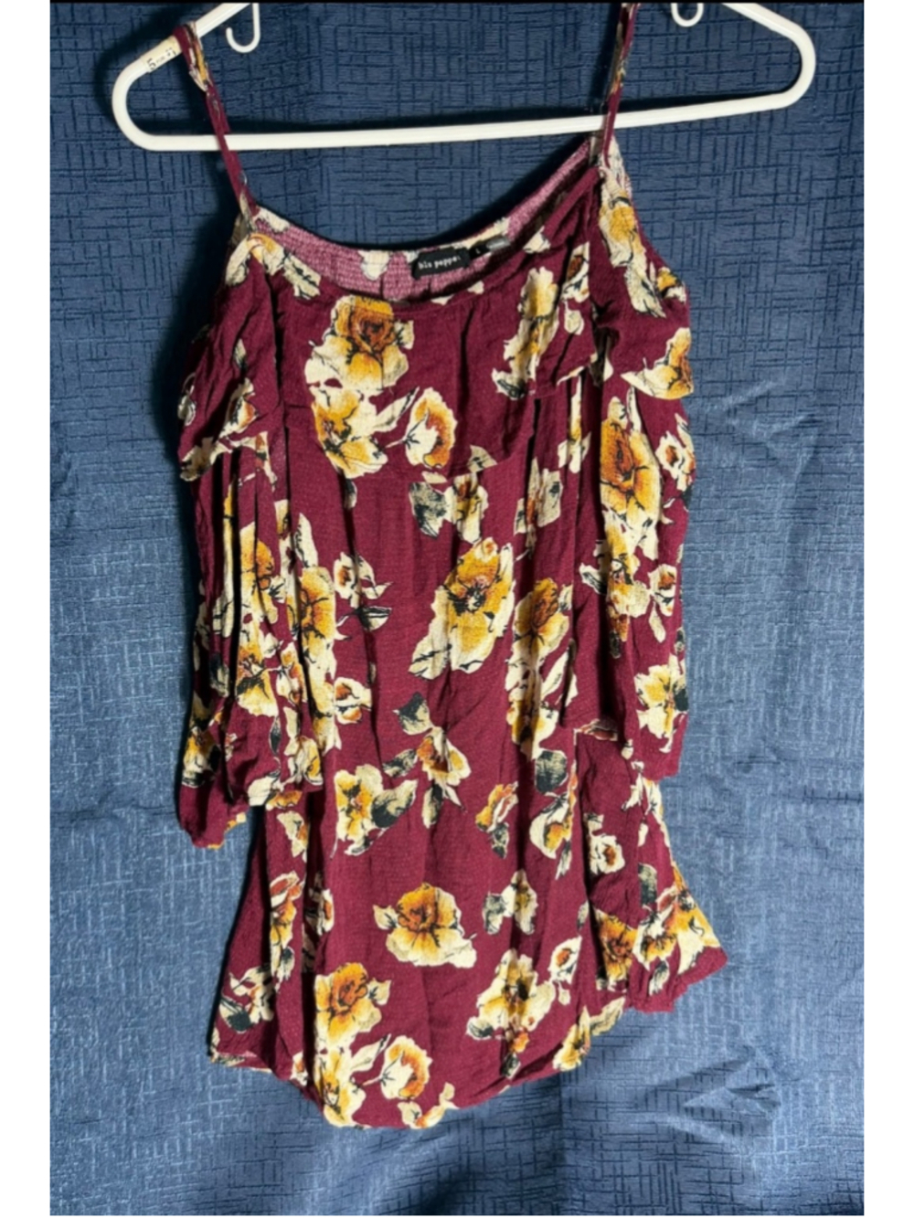 Women's Blu Pepper Burgundy Yellow Floral Cold Shoulder Top L boho cottagecore